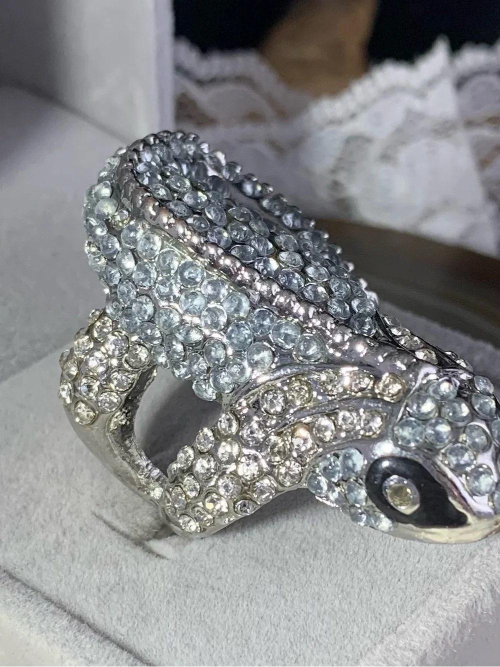 Silver Crystal Lizard Ring - Sparkling Statement Ring size 7